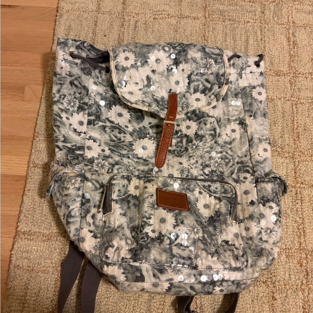 Victoria's Secret Floral Sequin Backpack - Cream and Gray